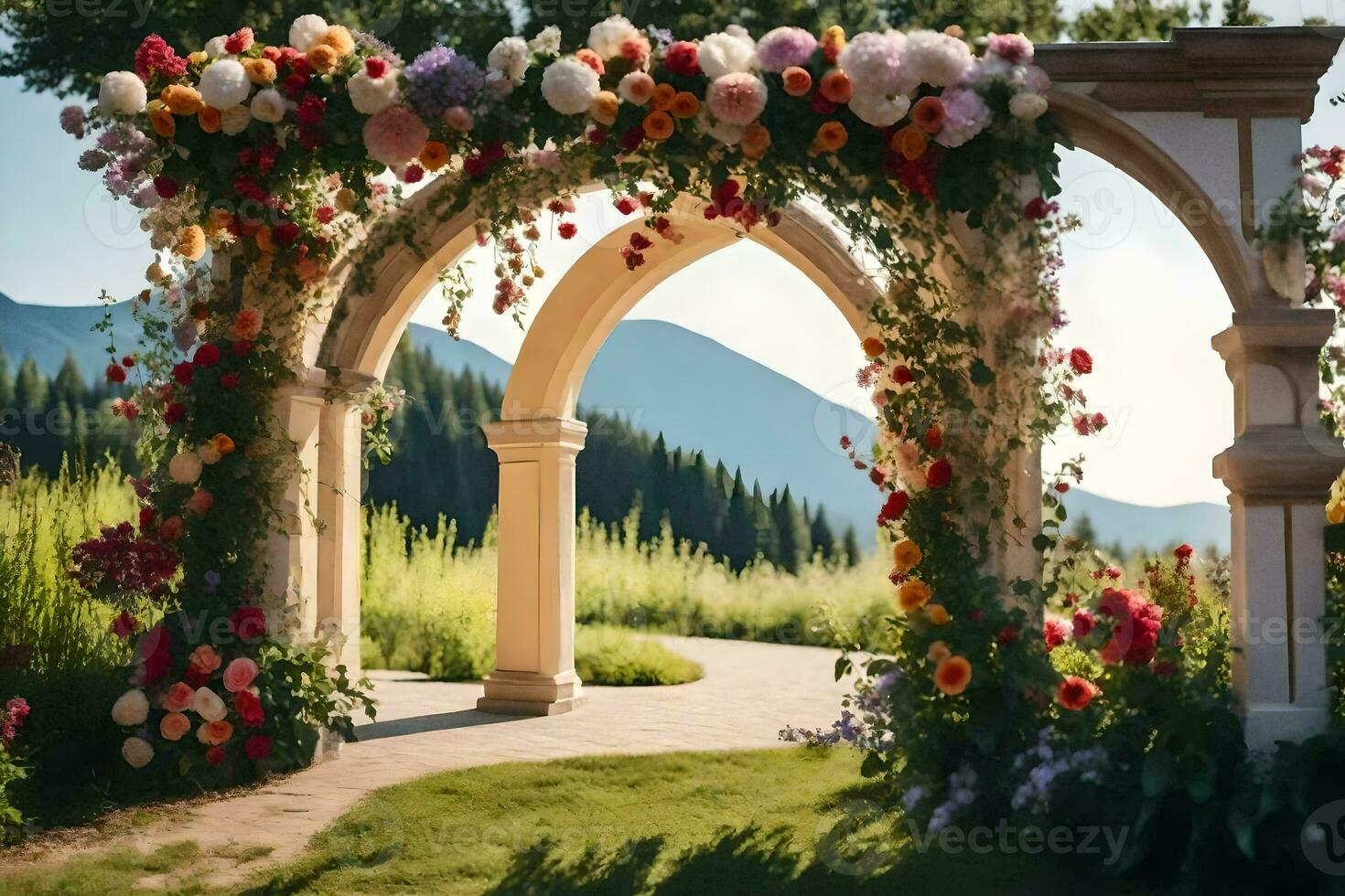 a wedding arch with flowers in the background. AI-Generated photo