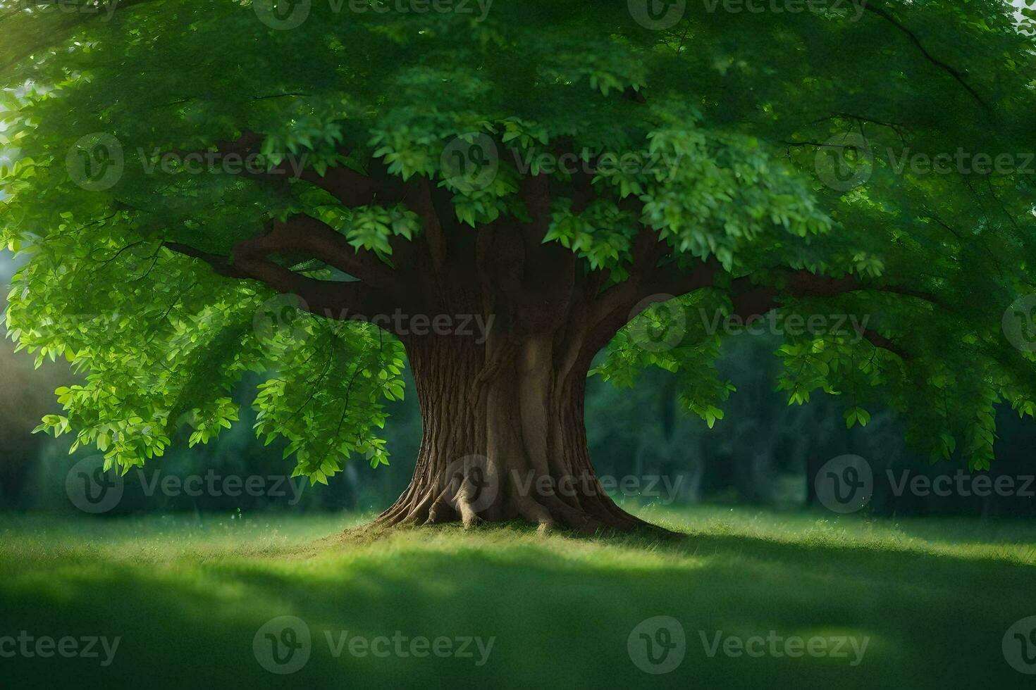 a large tree is shown in the middle of a field. AI-Generated photo