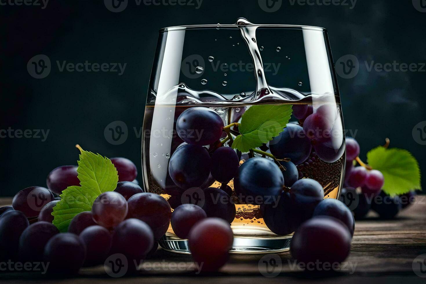 a glass of wine with grapes and leaves. AI-Generated photo