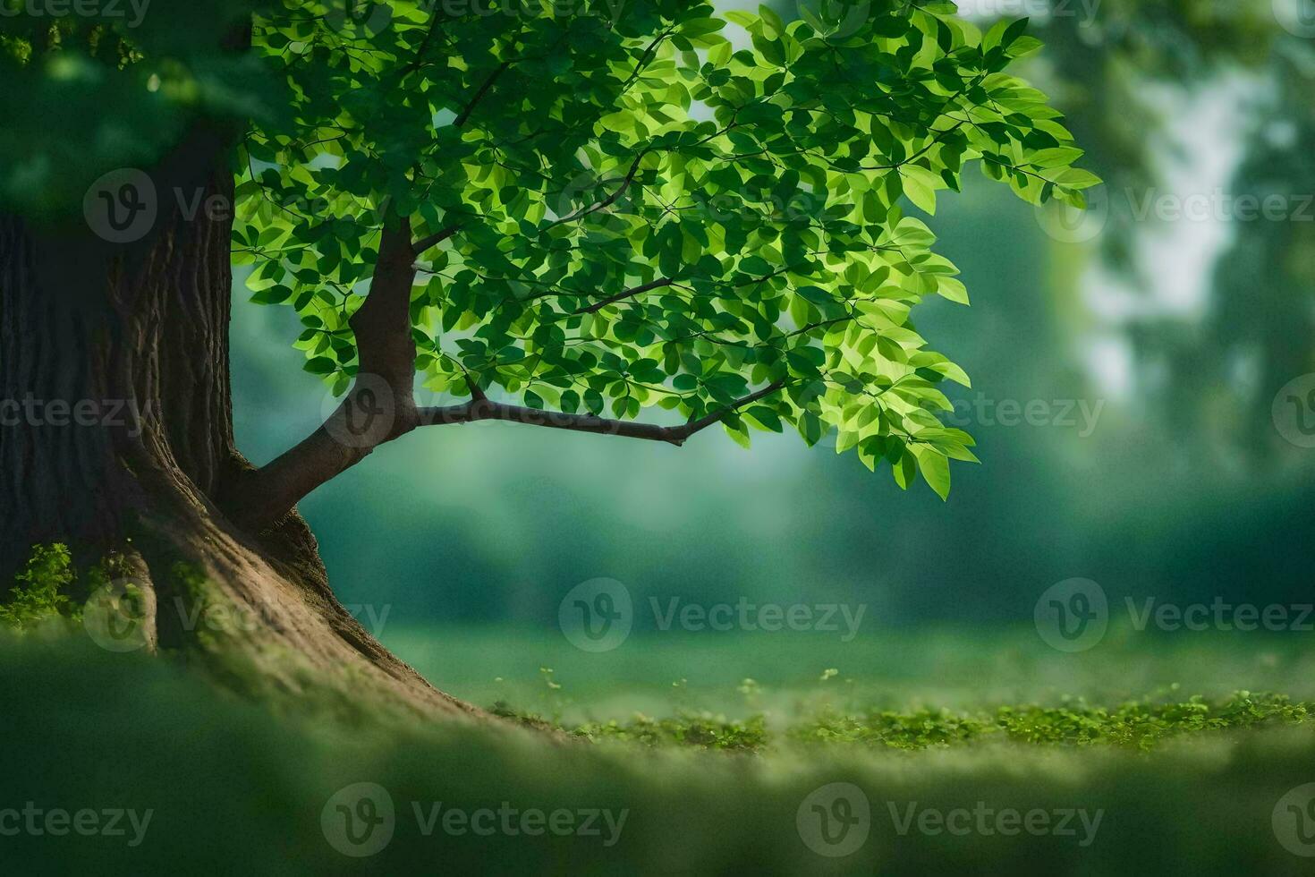 a tree in the middle of a field with green leaves. AI-Generated photo