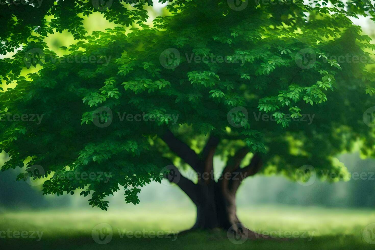 a tree is shown in the middle of a green field. AI-Generated photo