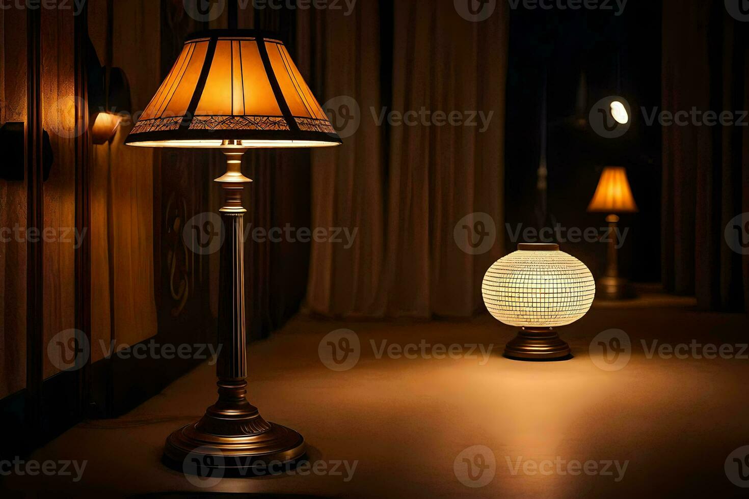 a lamp is on a table in a dark room. AI-Generated photo