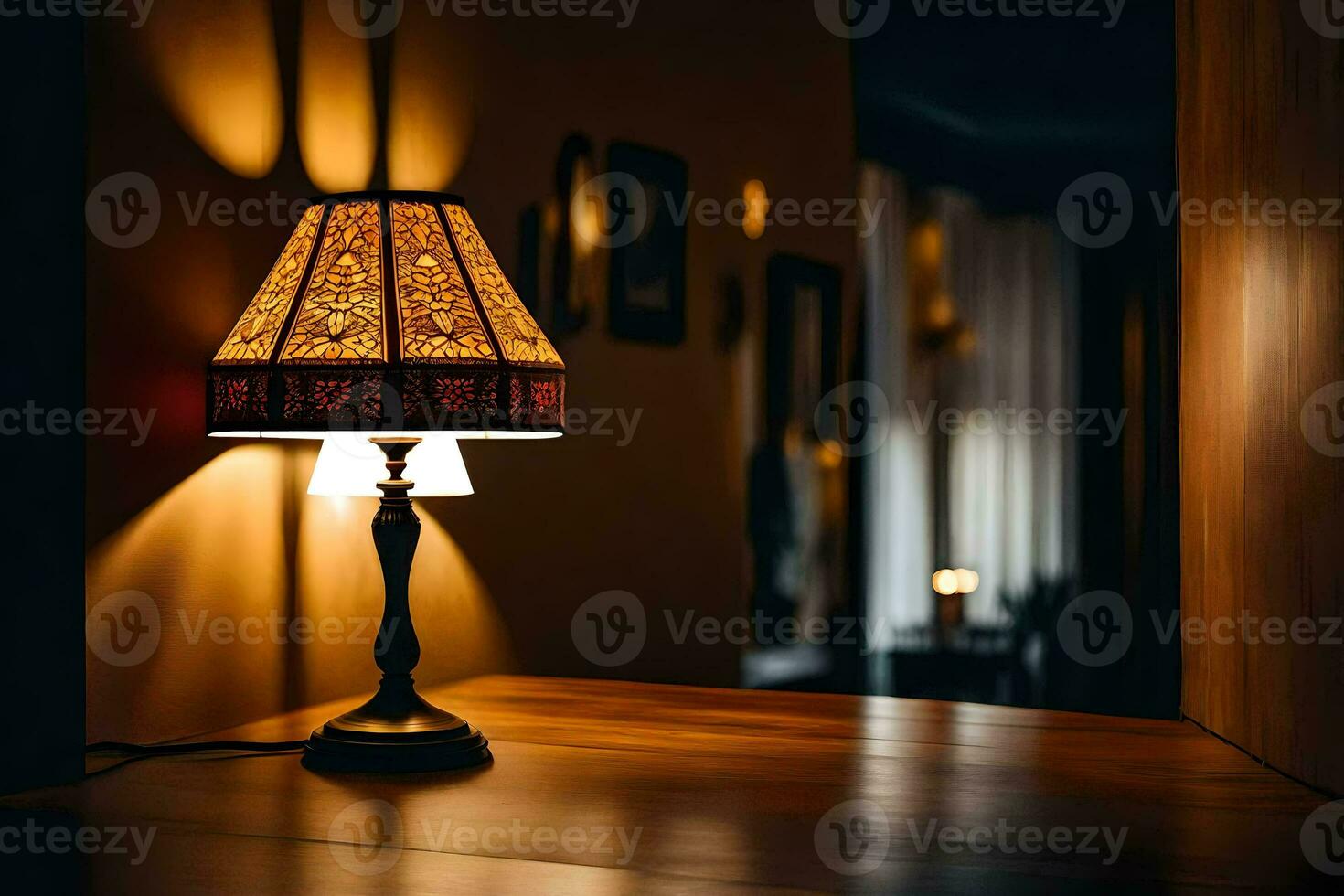 a lamp on a table in a dark room. AI-Generated photo