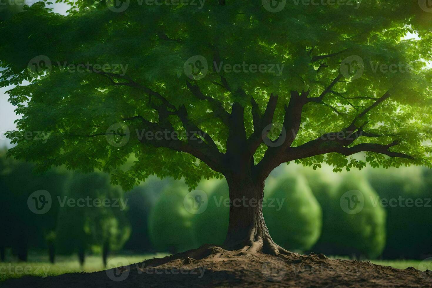 a tree is standing in the middle of a field. AI-Generated photo