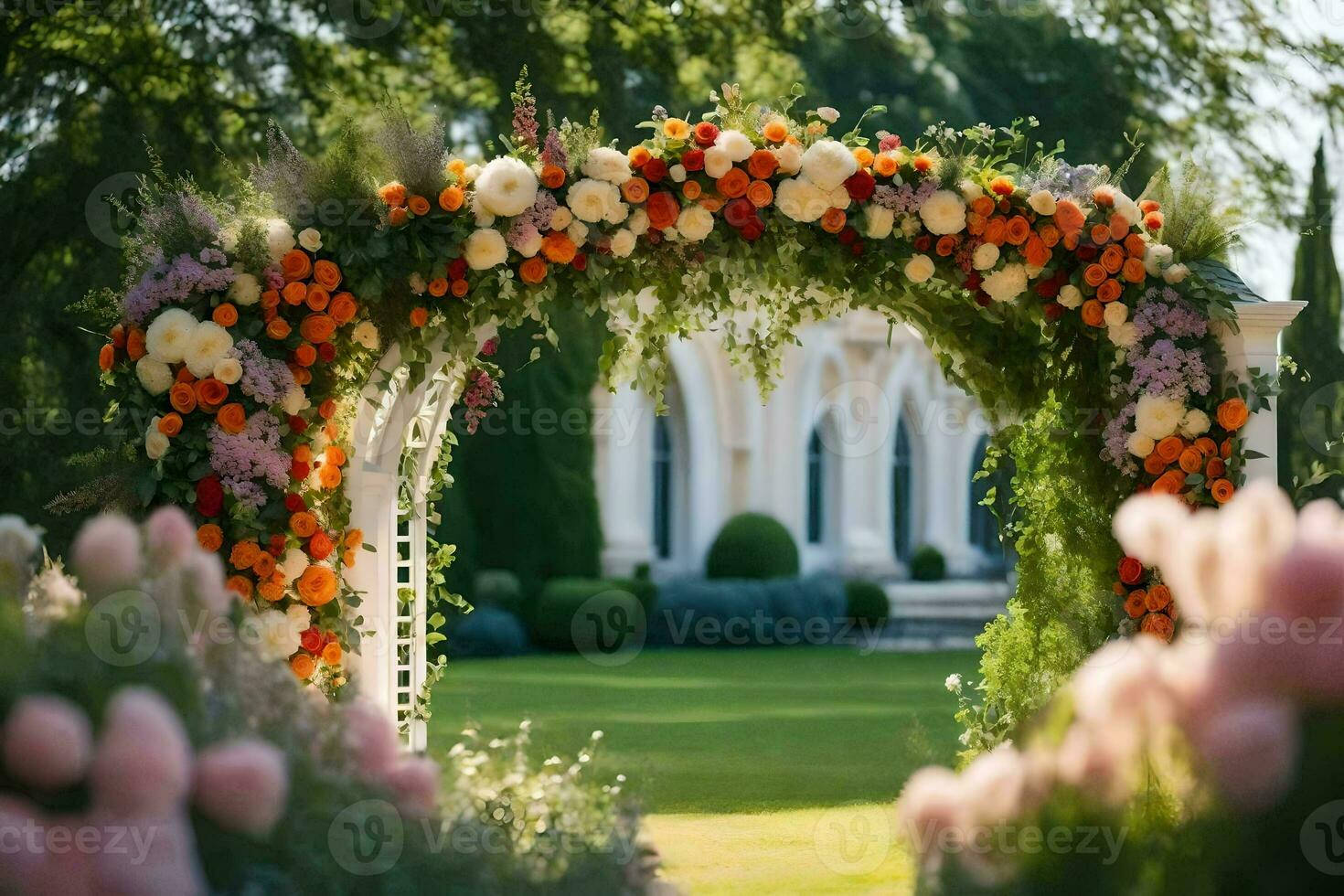 an archway decorated with flowers in a garden. AI-Generated photo