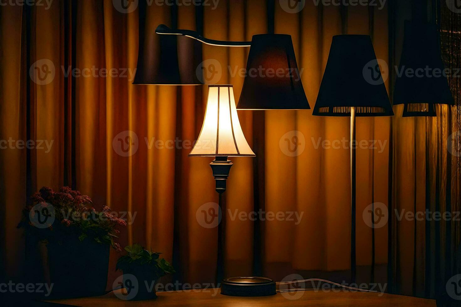 a lamp is lit up in a dark room. AI-Generated photo