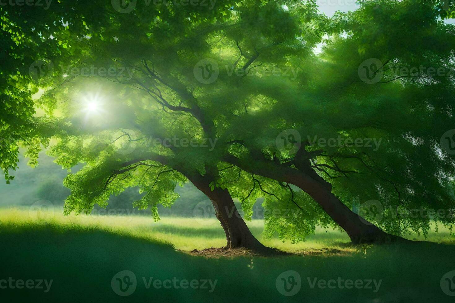 photo wallpaper the sky, trees, grass, sun, trees, green, trees, grass,. AI-Generated