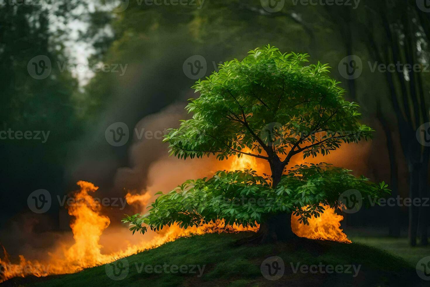 a tree is on fire in the middle of a field. AI-Generated photo
