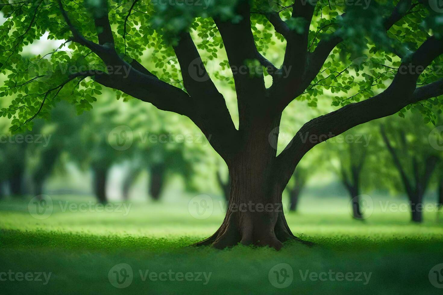 a tree in a green field with grass and trees. AI-Generated photo