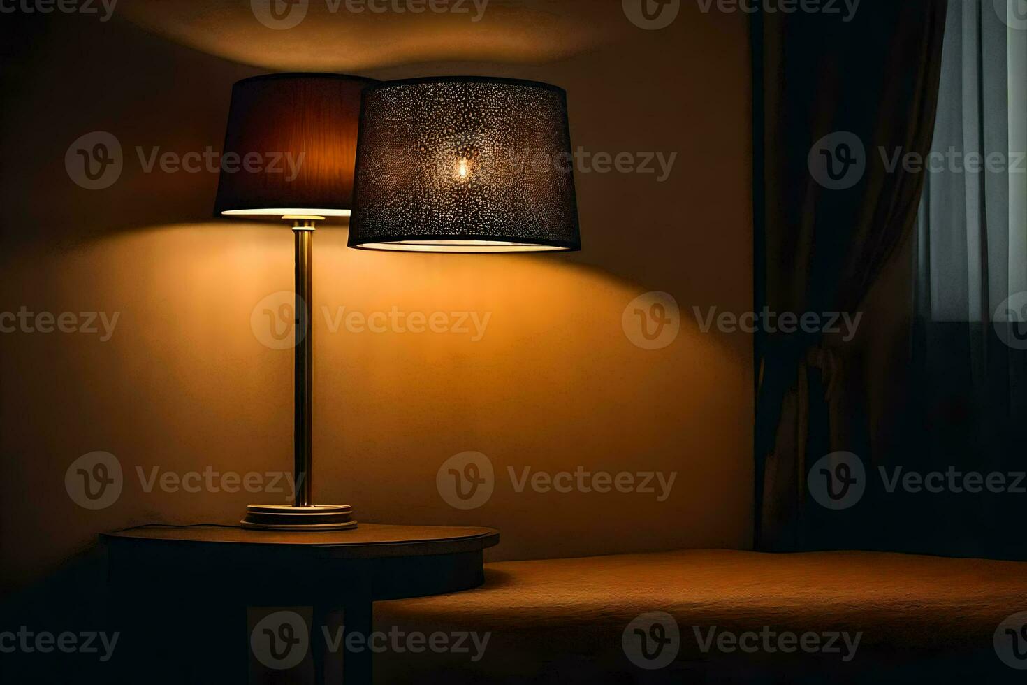 a lamp is on a table in a dark room. AI-Generated photo