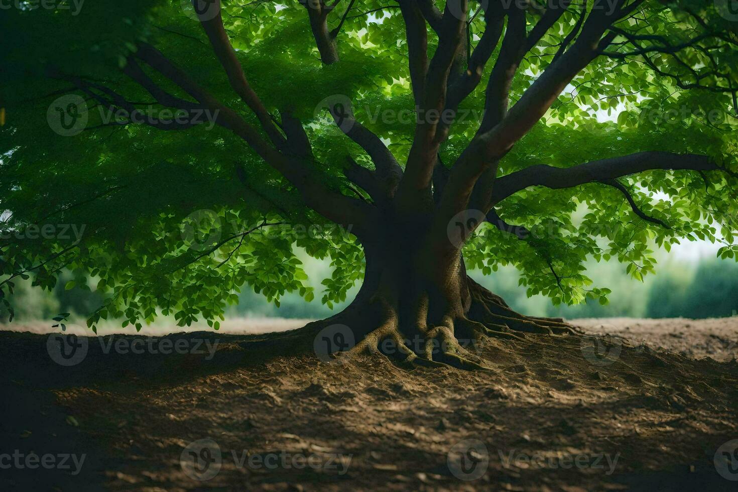 a large tree with roots in the dirt. AI-Generated photo