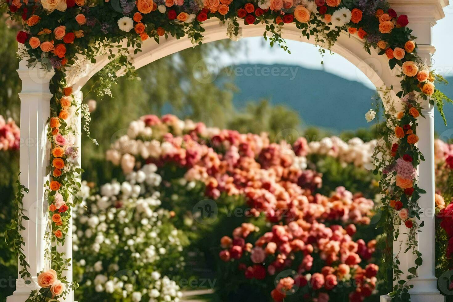 an archway with flowers and greenery. AI-Generated photo