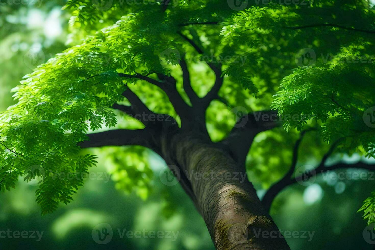 a tree with green leaves in the sunlight. AI-Generated photo