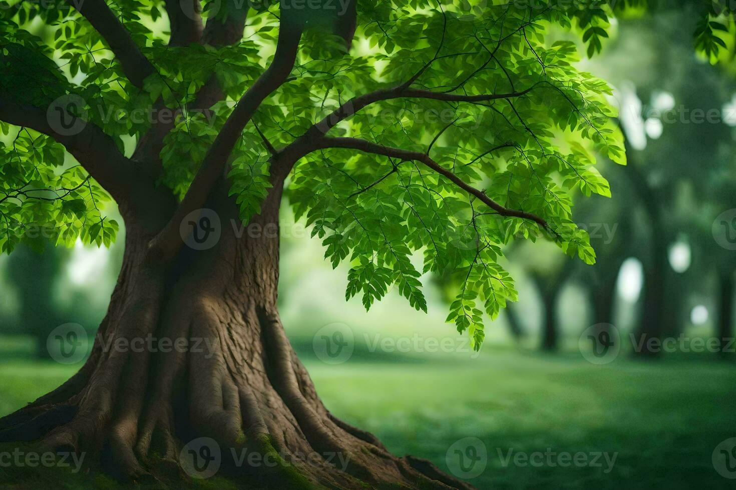 a tree with green leaves in the middle of a green field. AI-Generated photo