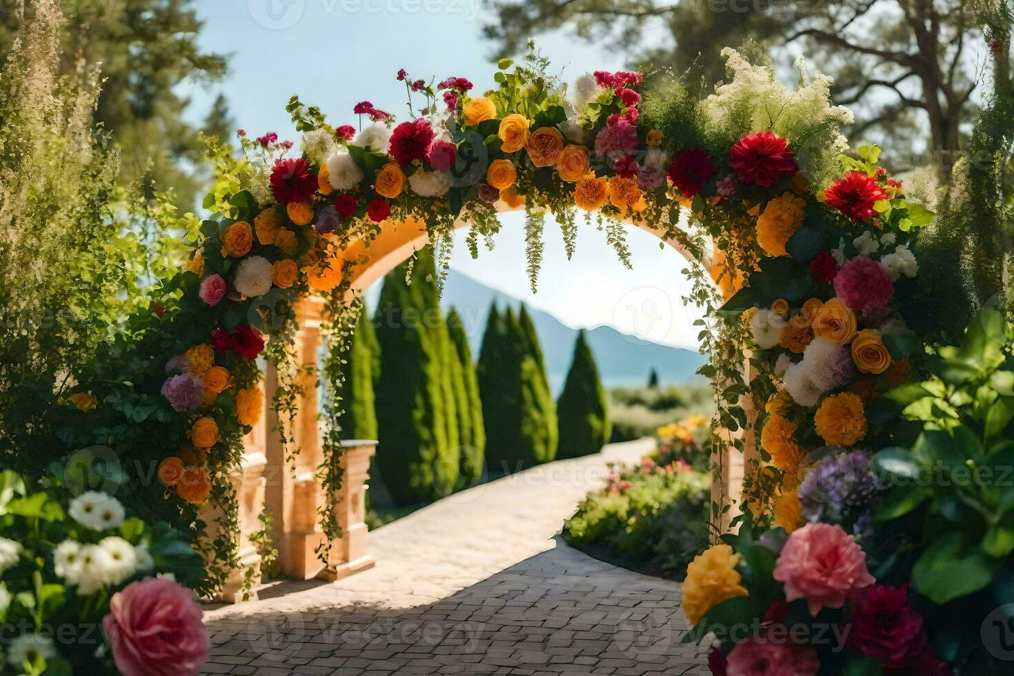 a colorful archway with flowers in the background. AI-Generated photo