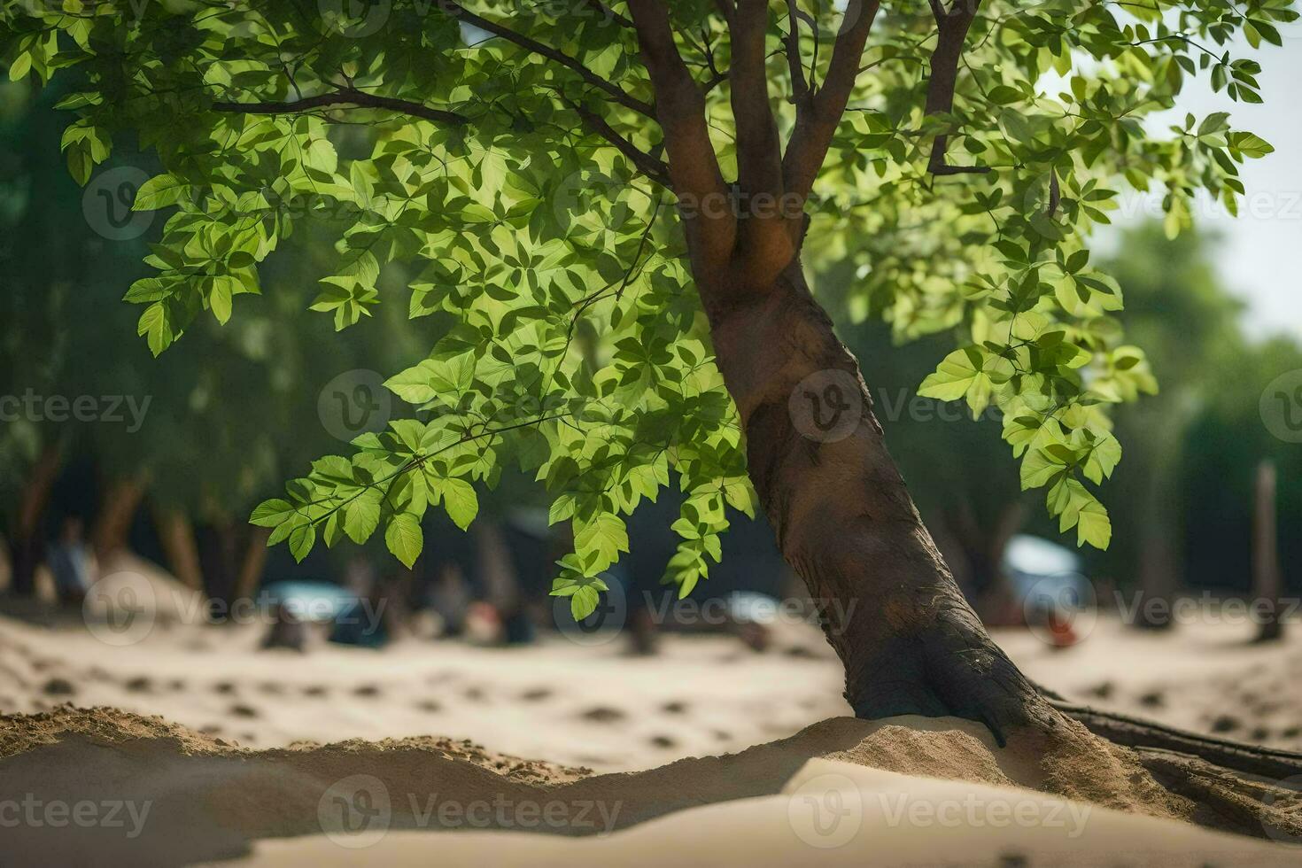 a tree is growing in the sand on a beach. AI-Generated photo