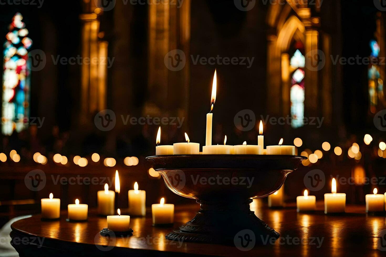 candles are lit in a church with candles in the background. AI-Generated photo