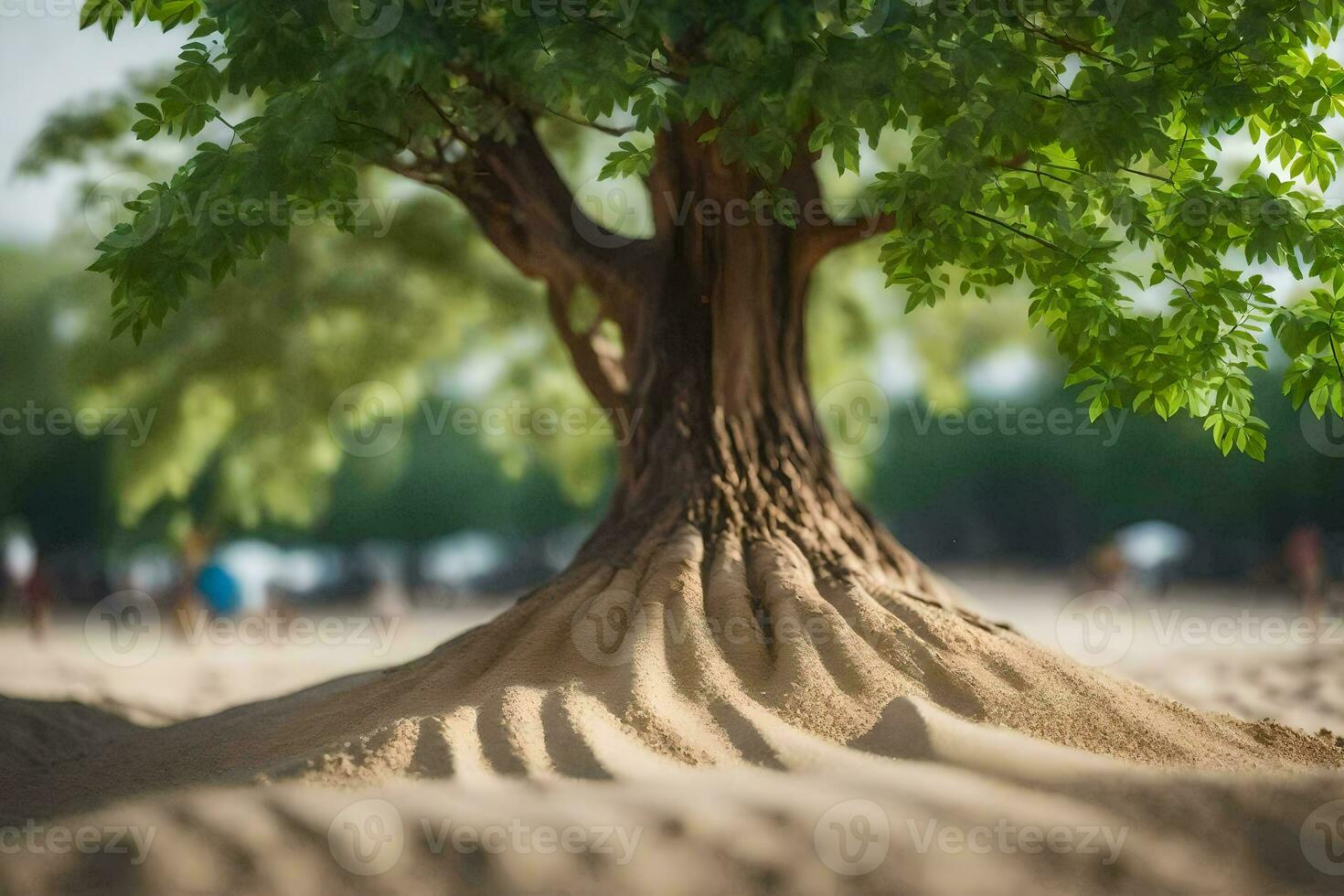 a tree growing out of the sand in the middle of a field. AI-Generated photo