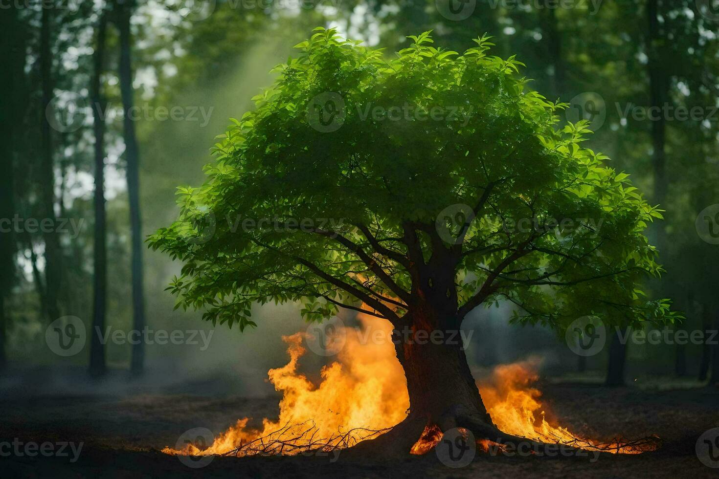 a tree is burning in the forest. AI-Generated photo