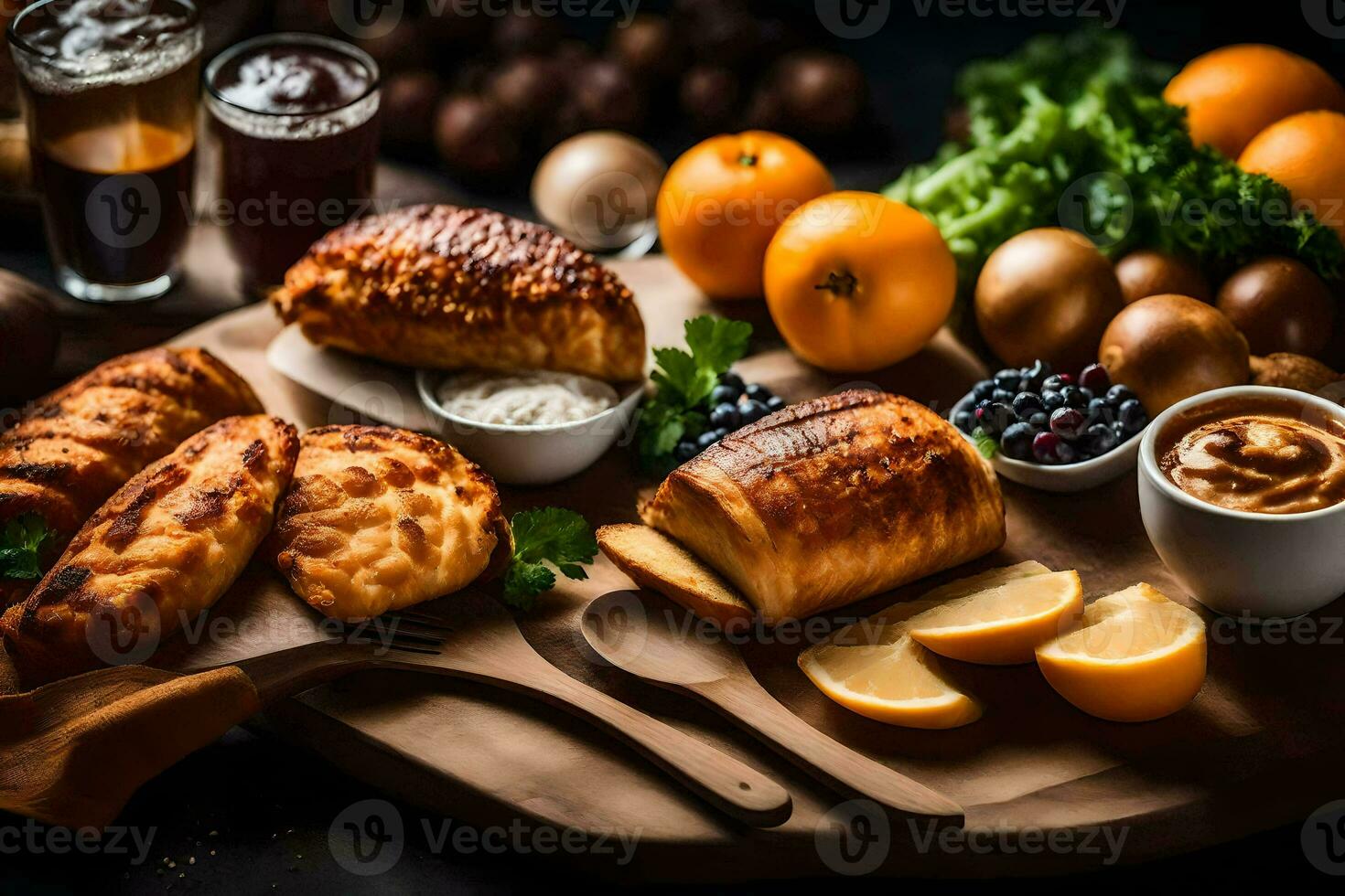 a wooden cutting board with various foods. AI-Generated photo