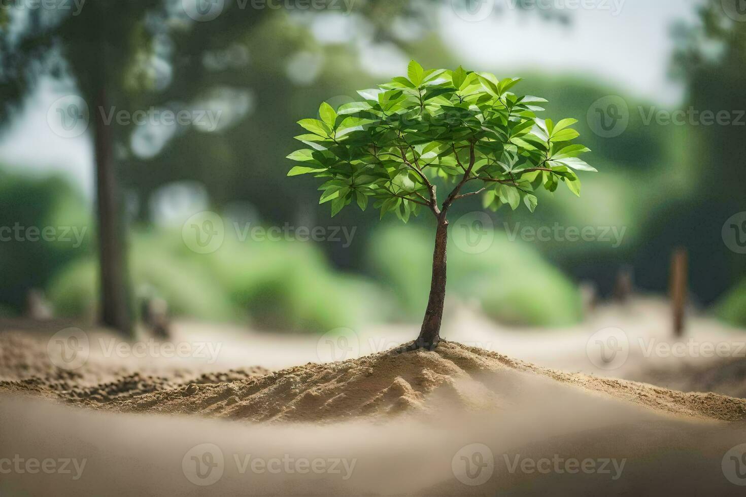 a small tree growing out of the ground in the middle of a field. AI-Generated photo