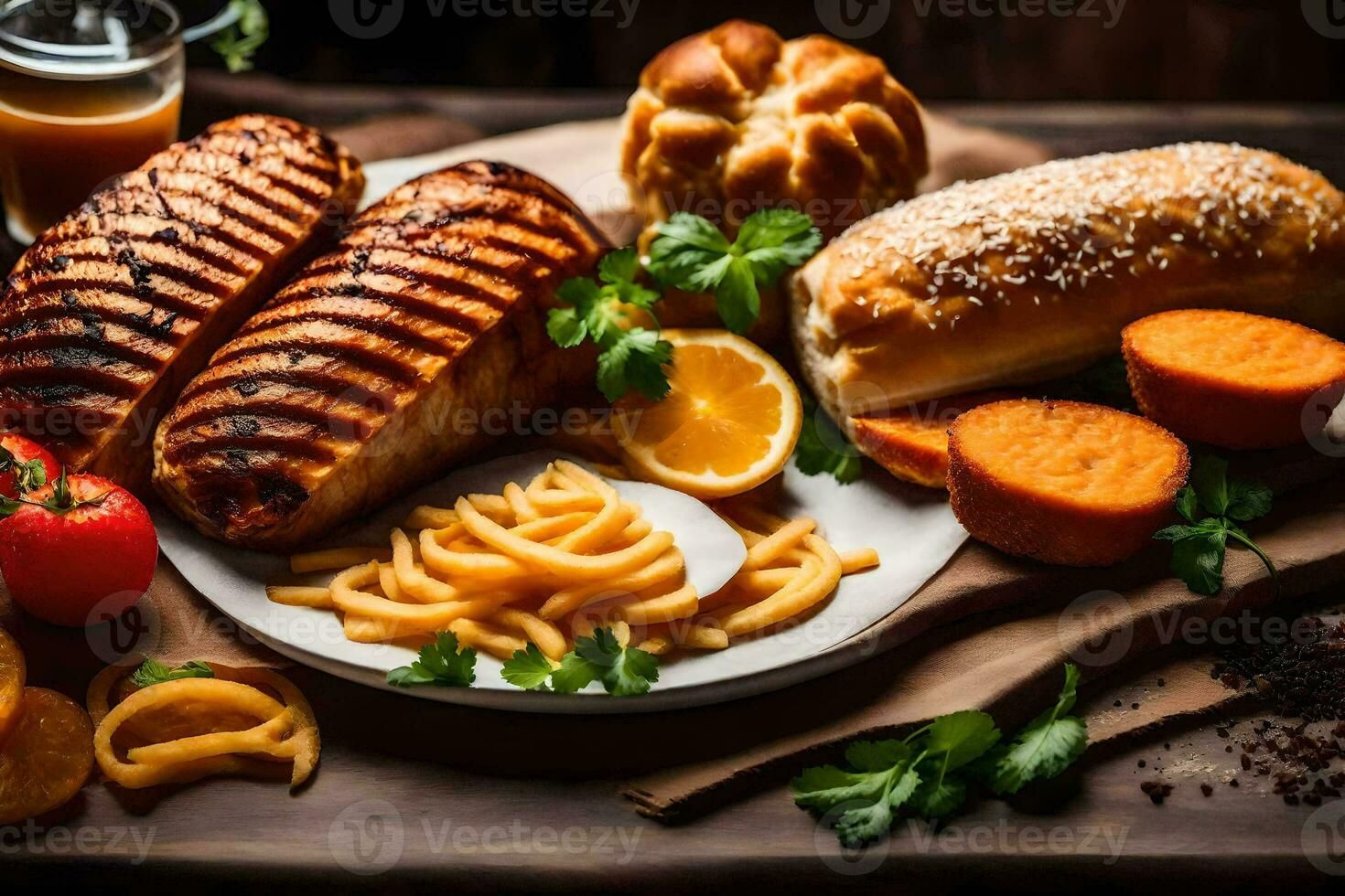 grilled chicken breast, potatoes, bread and orange slices on a wooden table. AI-Generated photo