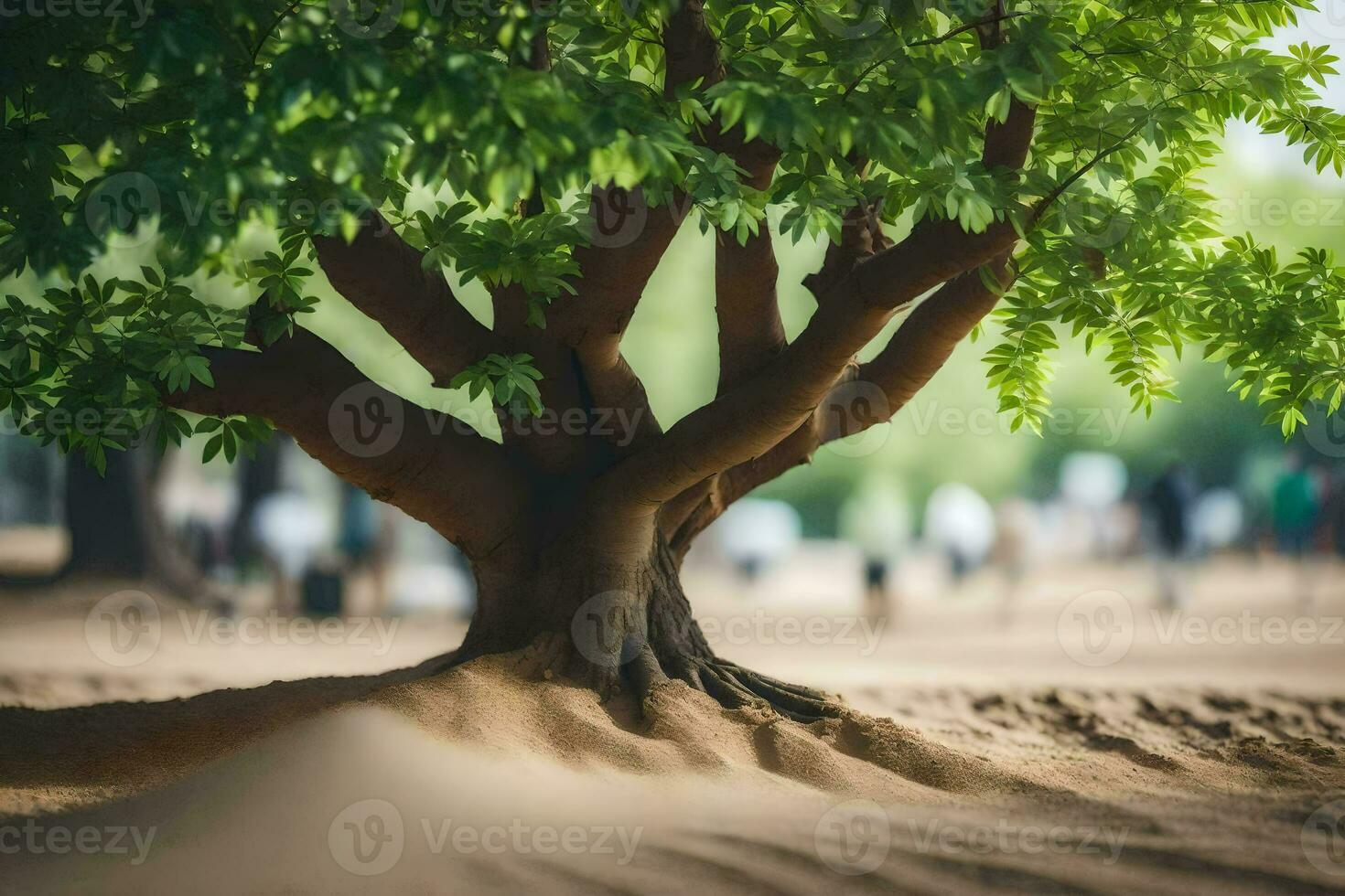 a tree in the sand with people walking around. AI-Generated photo