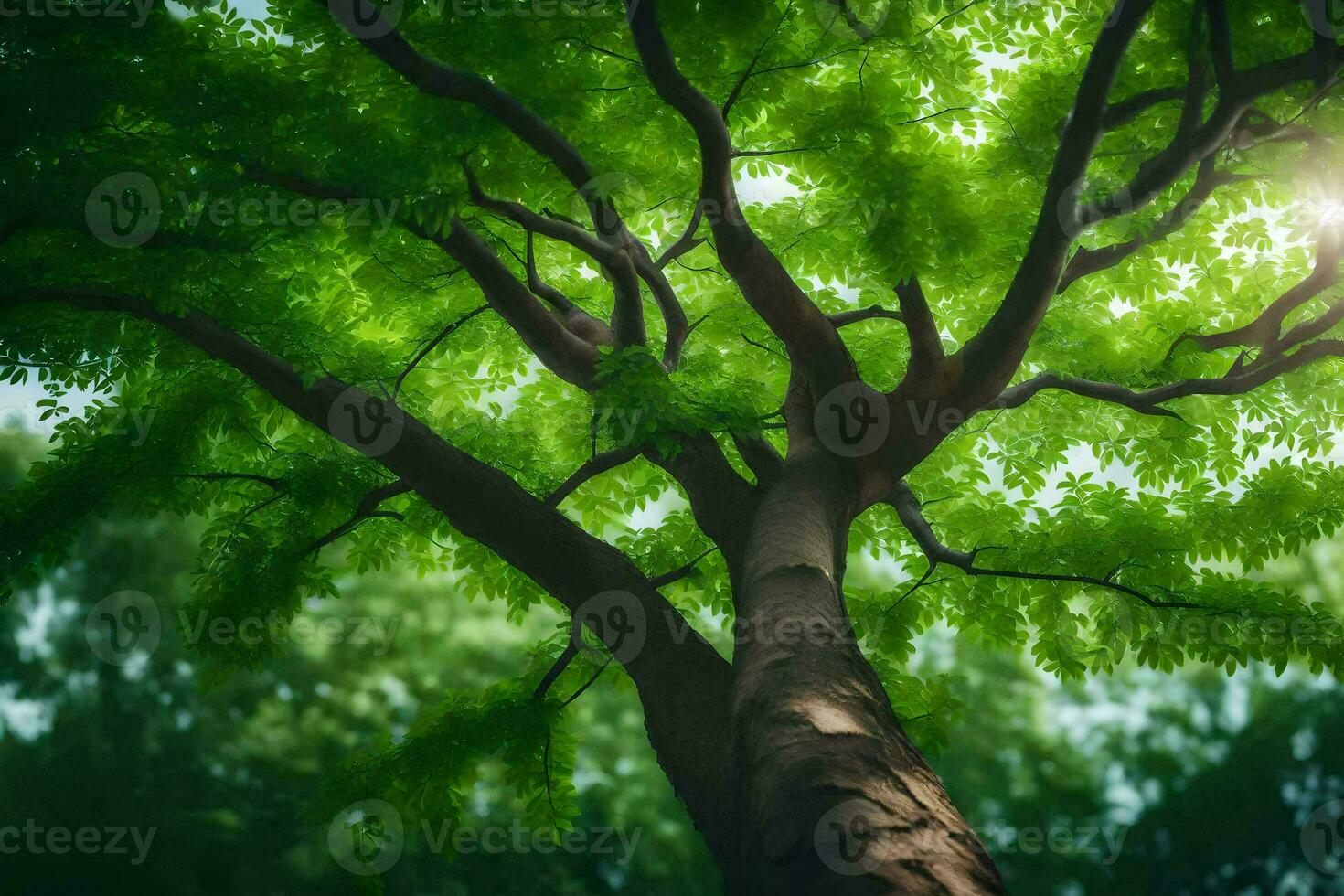 a tree with green leaves and sunlight shining through. AI-Generated photo