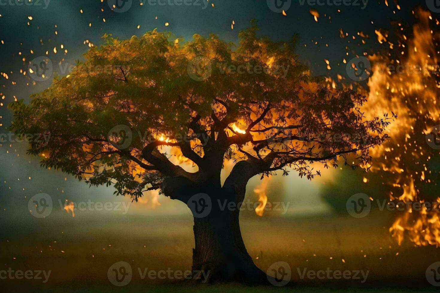 a tree with flames coming out of it. AI-Generated photo