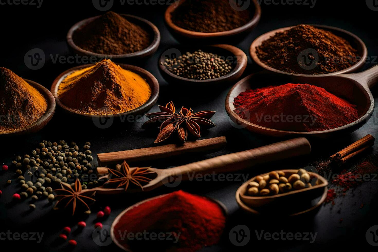 spices and spices on a black background. AI-Generated photo