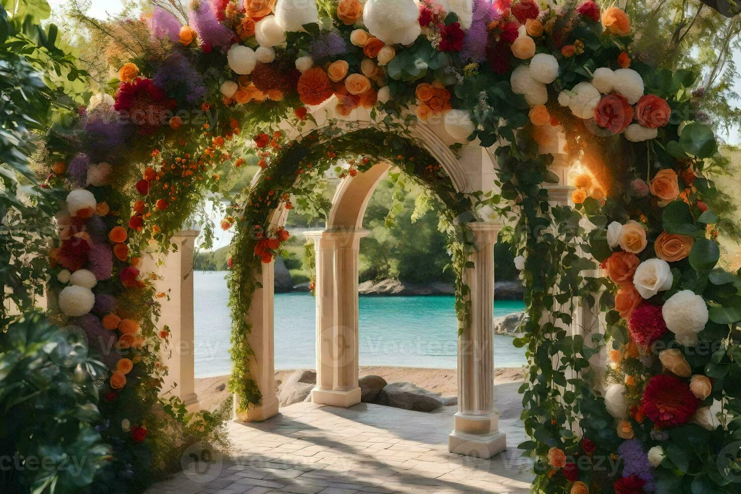 a wedding arch decorated with flowers and greenery. AI-Generated photo