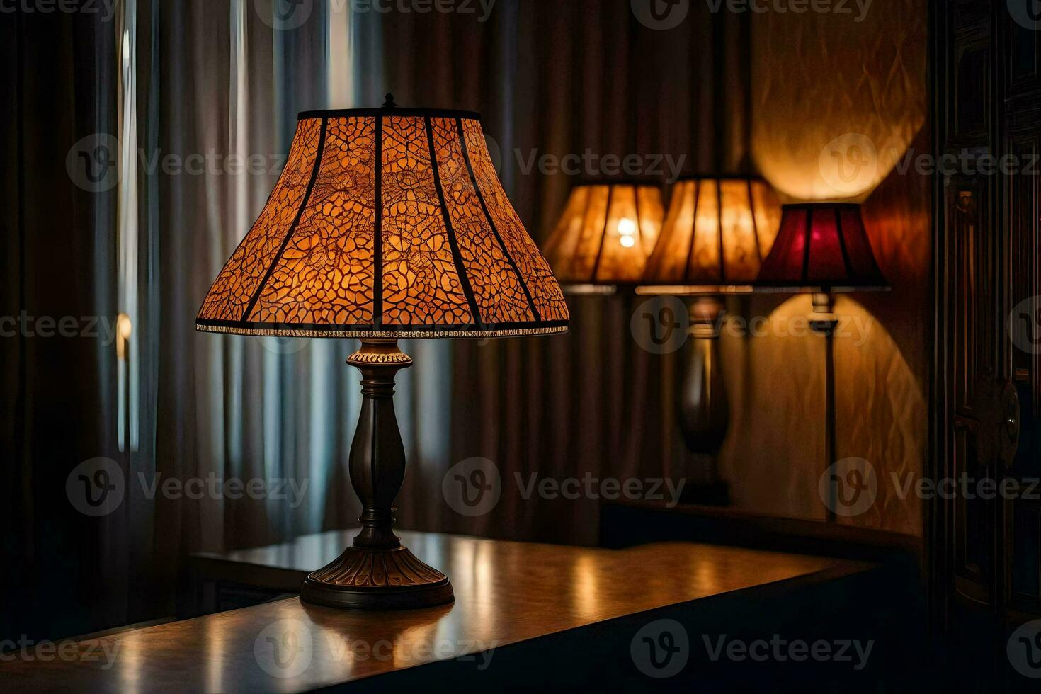 a lamp is sitting on a table in front of a window. AI-Generated photo
