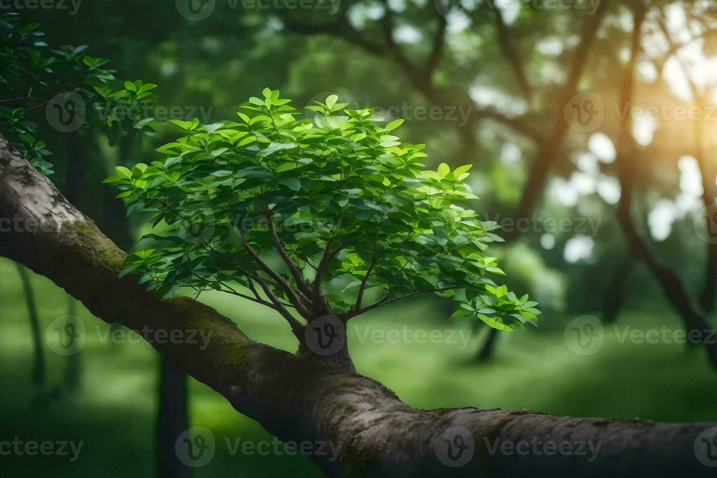 a tree branch with leaves growing on it in the forest. AI-Generated photo