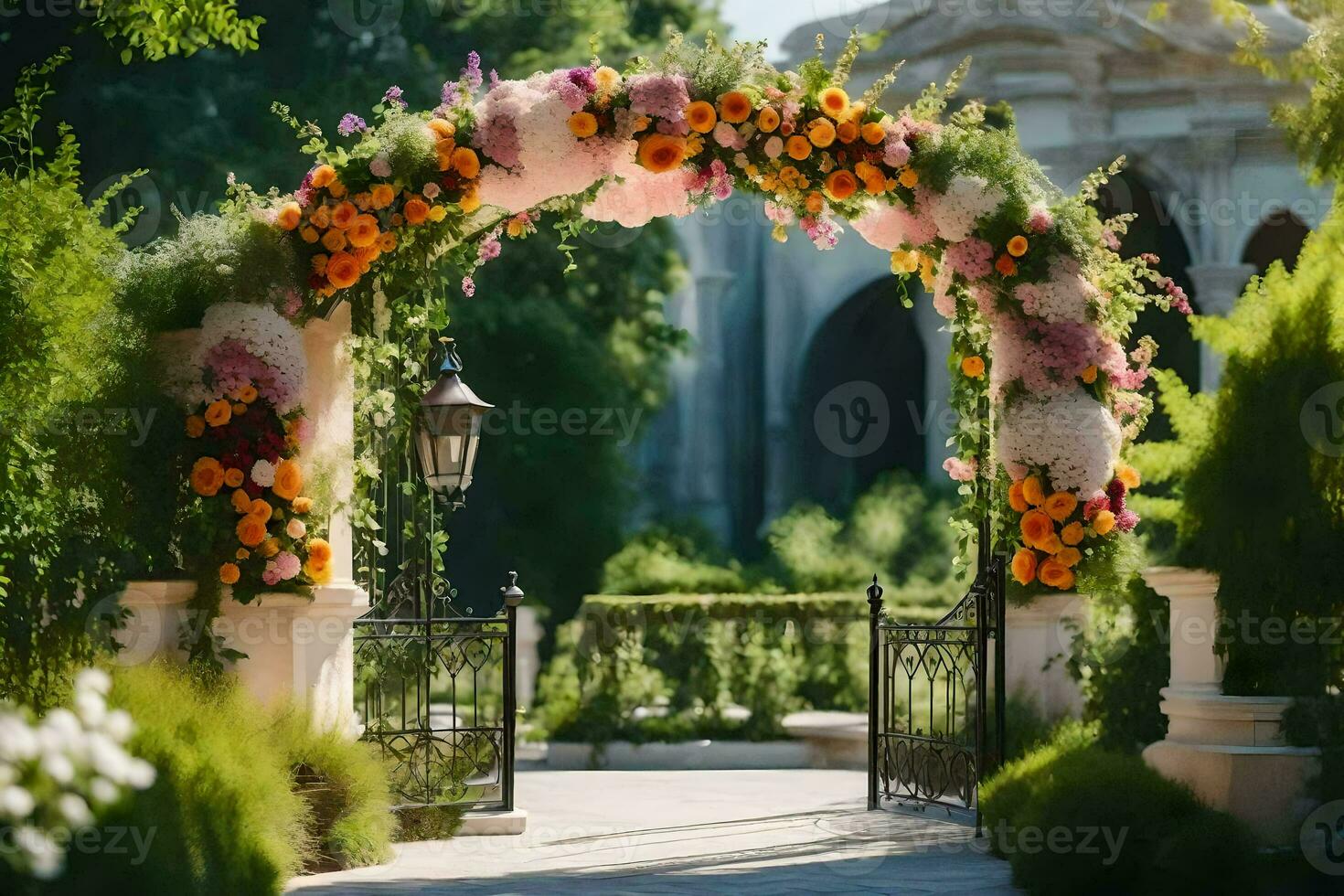 an archway with flowers and greenery. AI-Generated photo