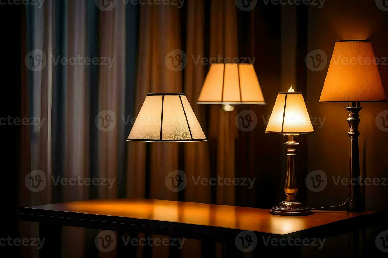 three lamps on a table in front of curtains. AI-Generated photo