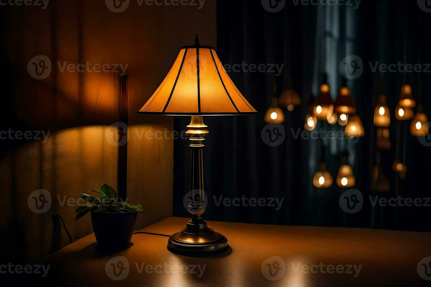 a lamp on a table in a dark room. AI-Generated photo