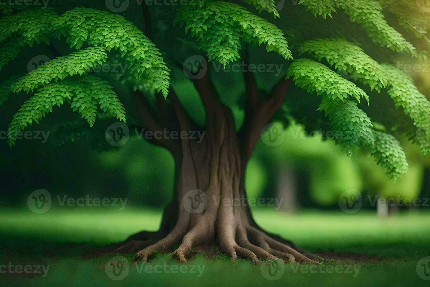 a tree with roots in the grass. AI-Generated photo