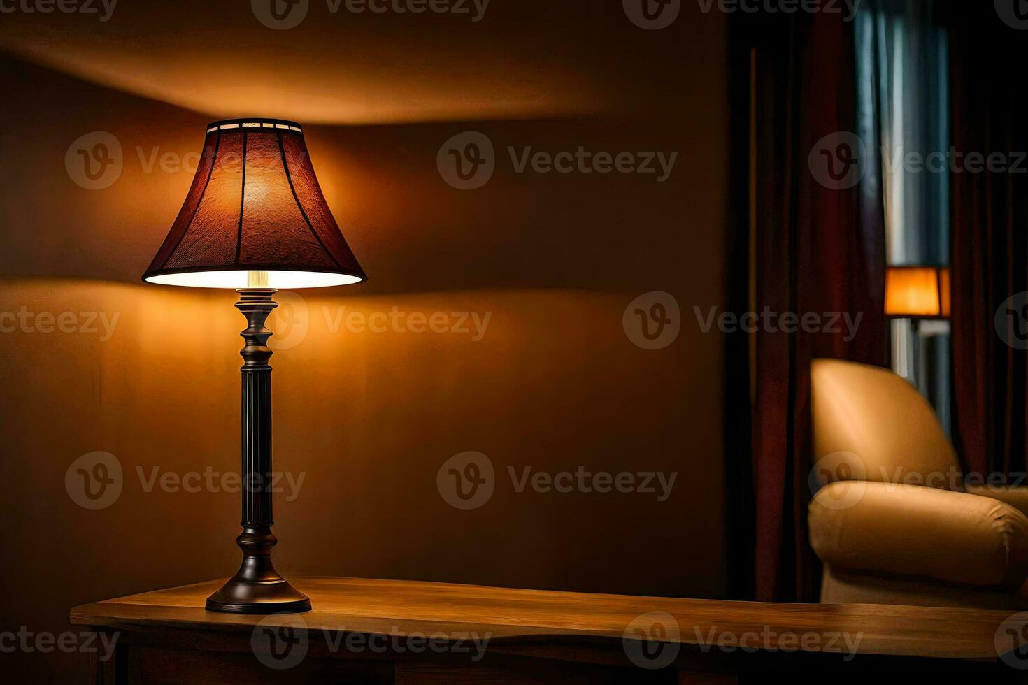 a lamp is sitting on a table in a dark room. AI-Generated photo