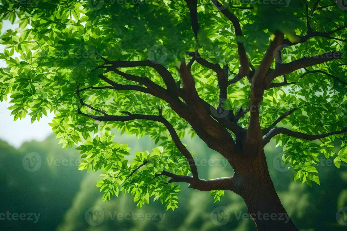 a tree with green leaves in the sunlight. AI-Generated photo