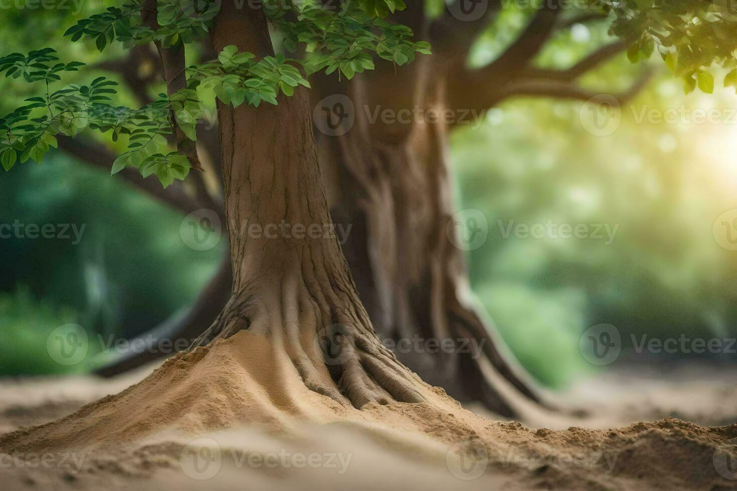 a tree with roots in the sand. AI-Generated photo