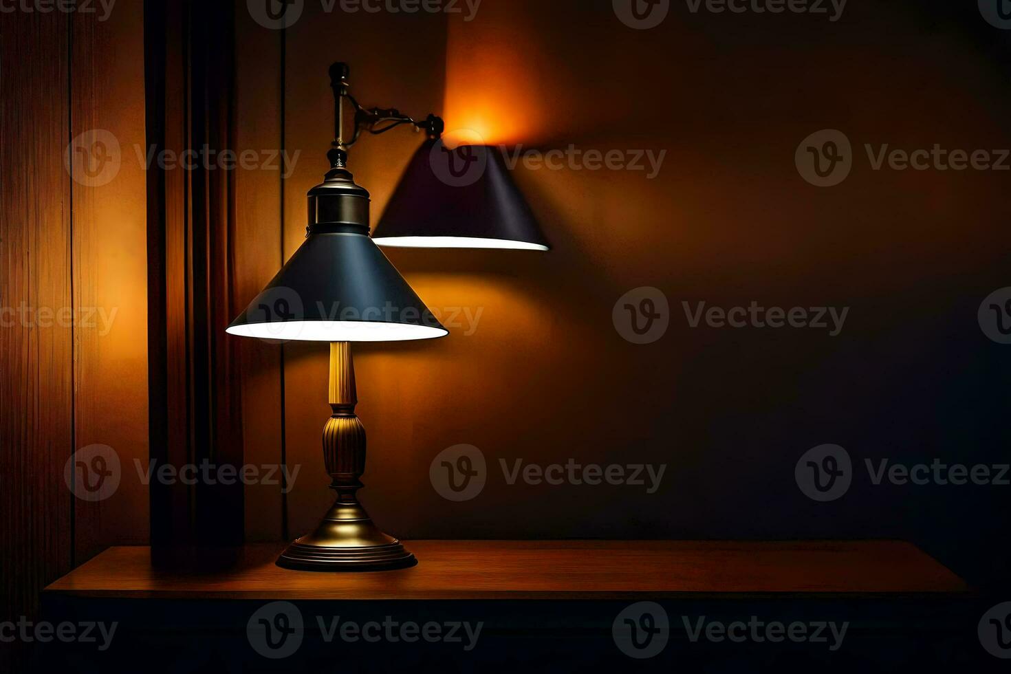 a lamp on a table in a dark room. AI-Generated photo