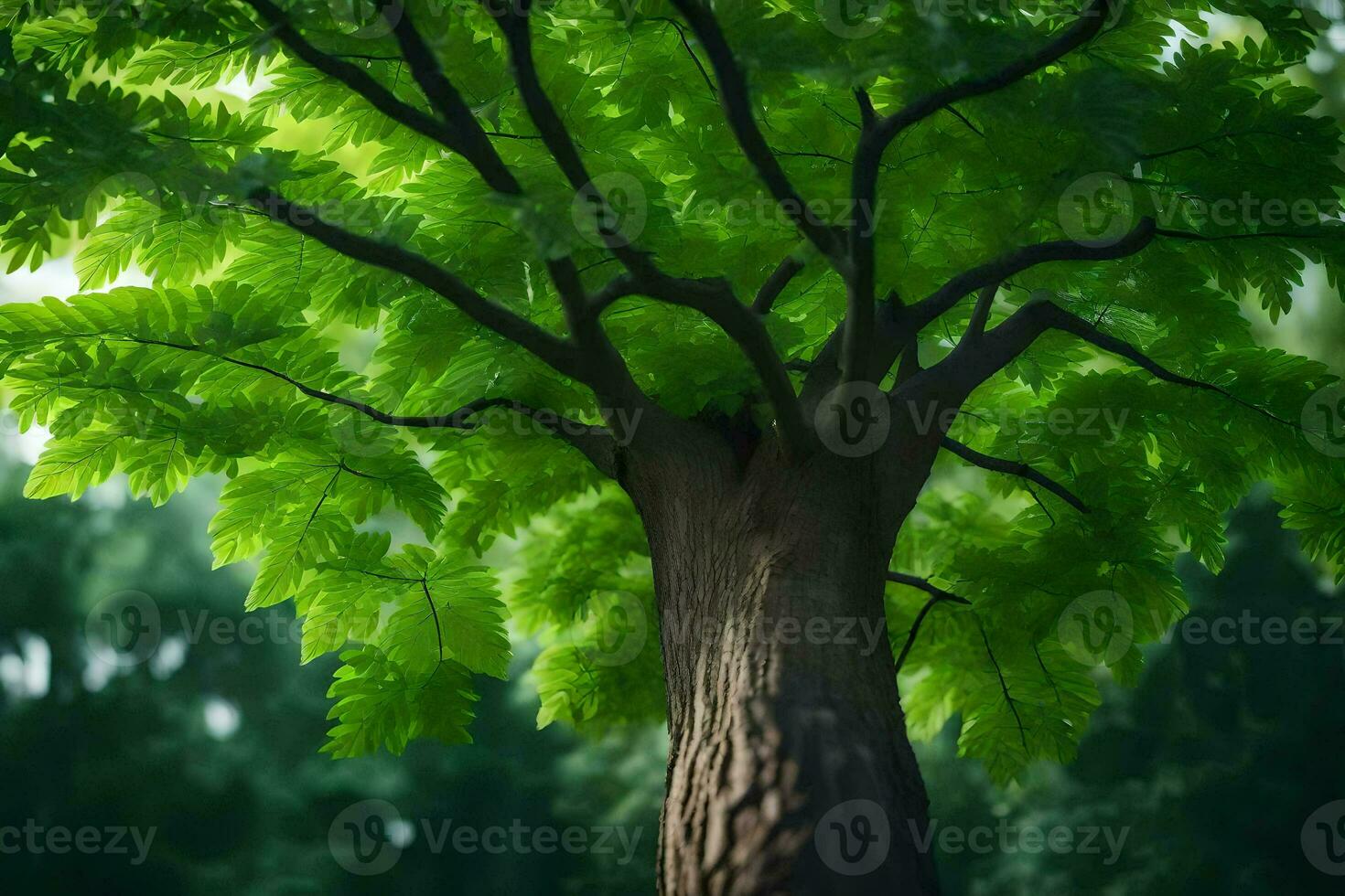 a tree with green leaves in the forest. AI-Generated photo