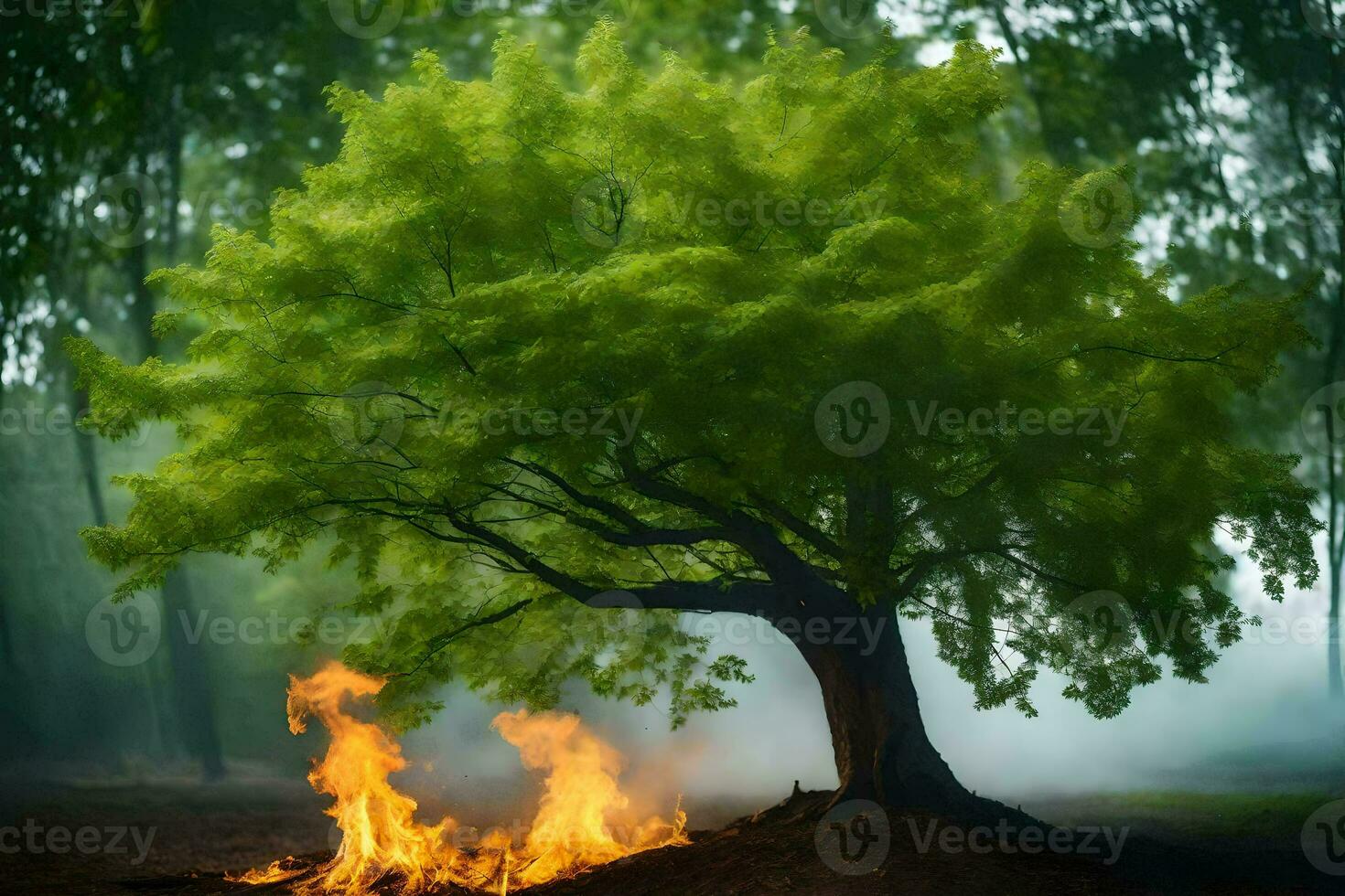 a tree with flames and smoke coming from it. AI-Generated photo