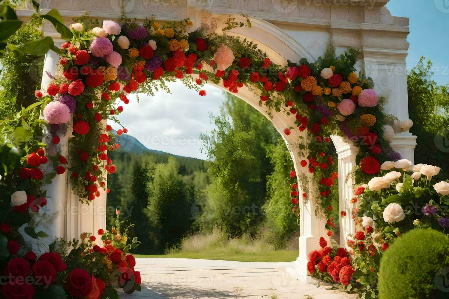 a flower archway with red and pink flowers. AI-Generated photo