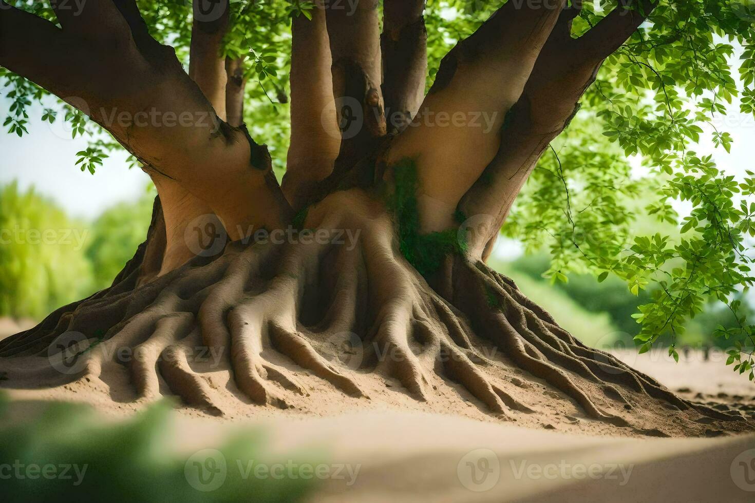 un árbol con raíces en el arena. generado por ai foto