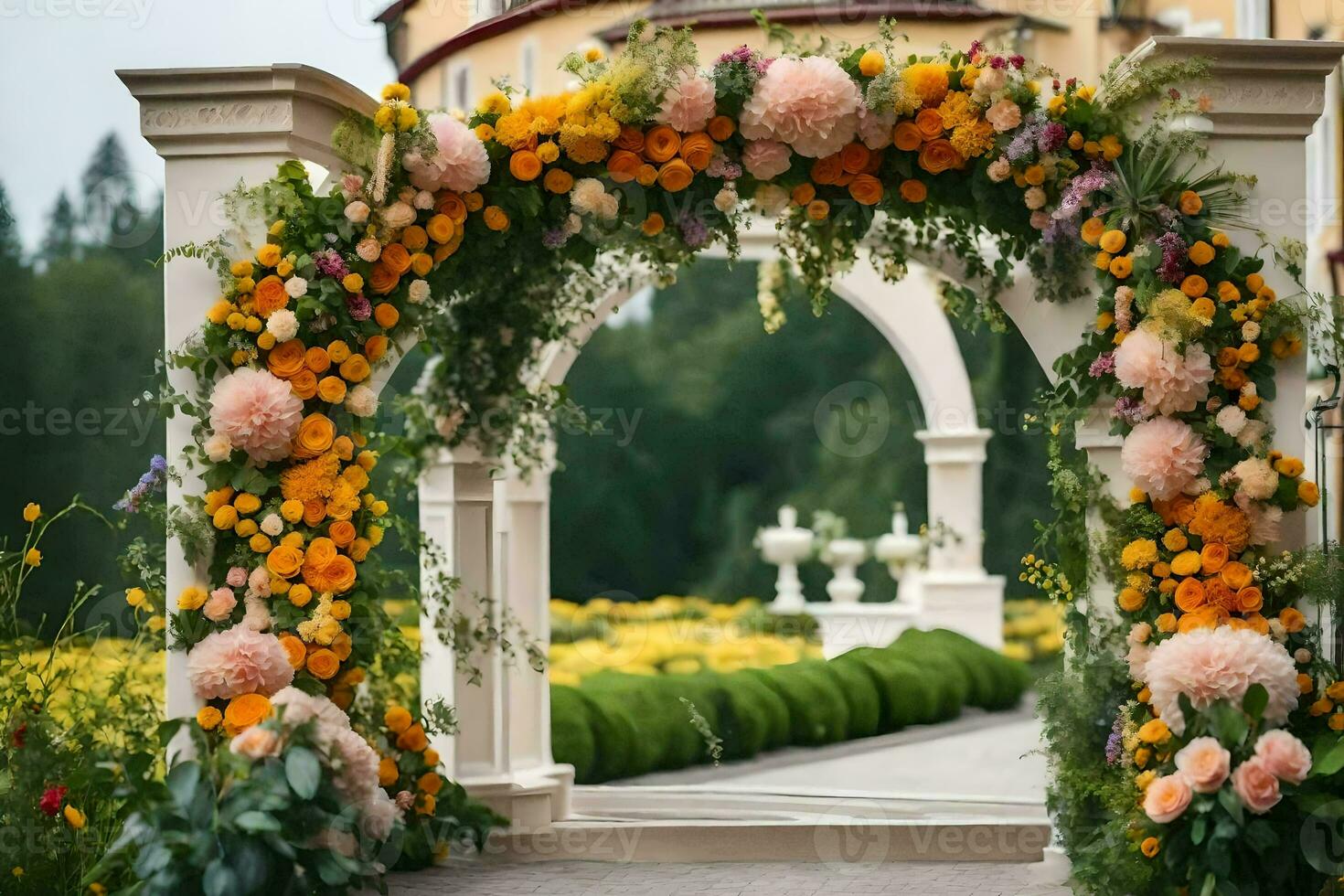 an archway decorated with flowers and greenery. AI-Generated photo