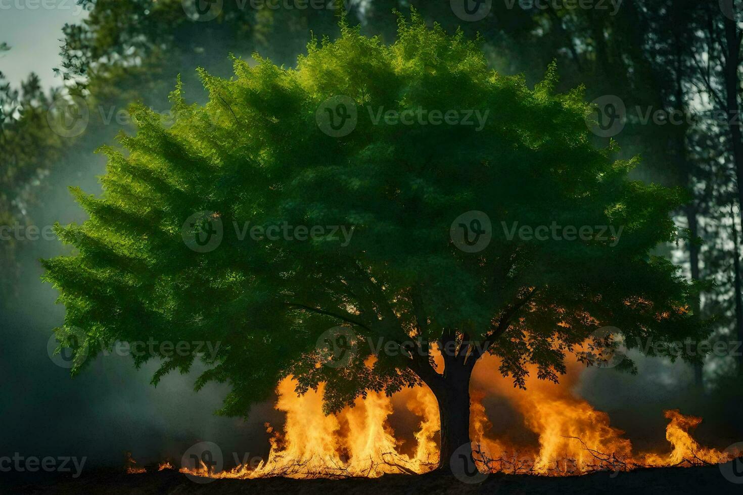 a tree is burning in the middle of a field. AI-Generated photo