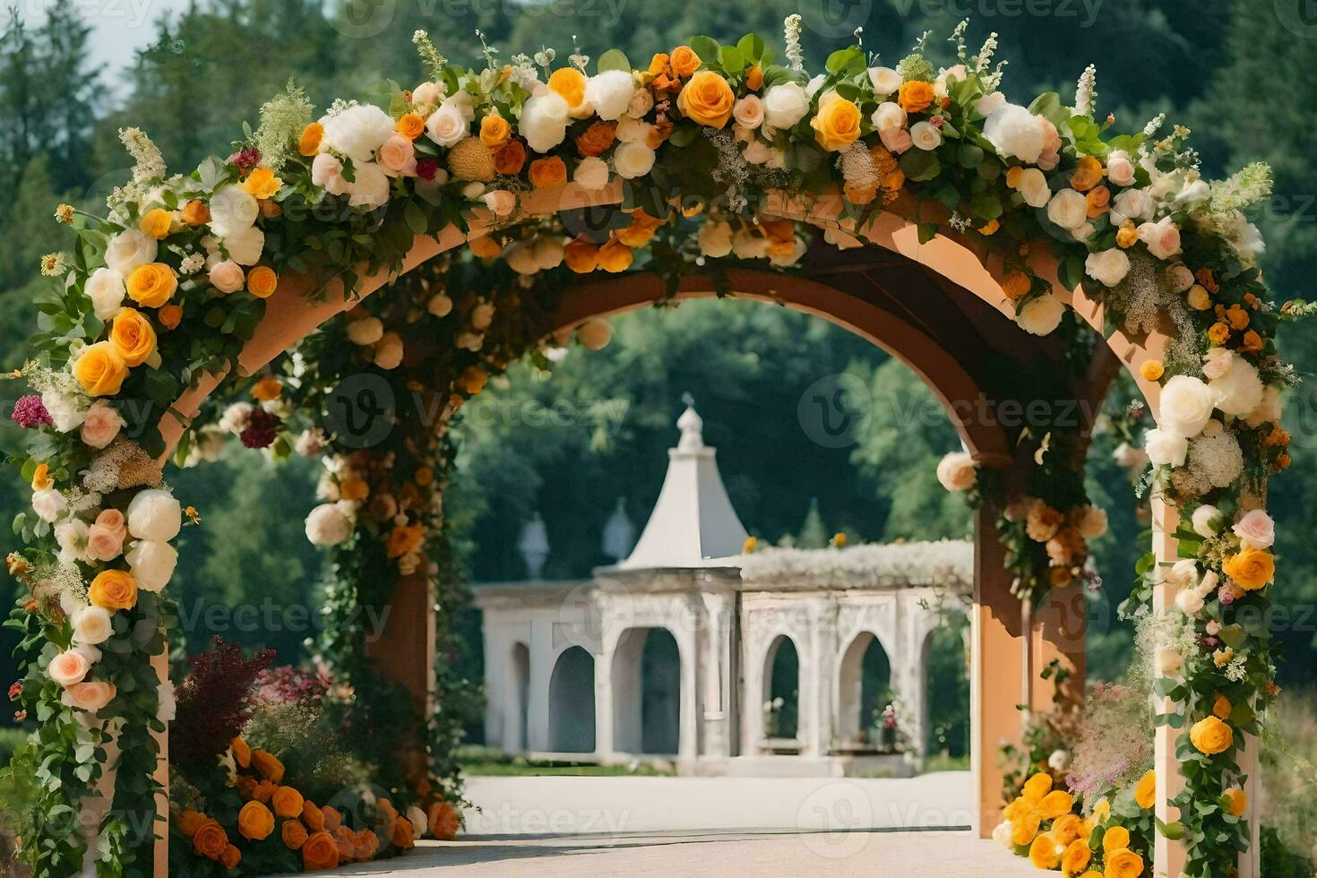 an archway decorated with flowers and greenery. AI-Generated photo