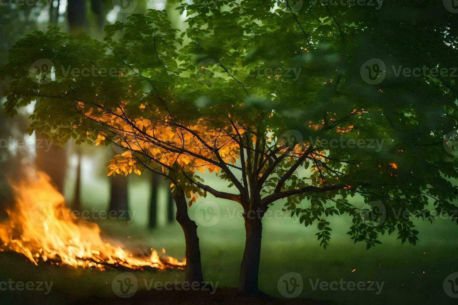 a tree is burning in the middle of a forest. AI-Generated photo
