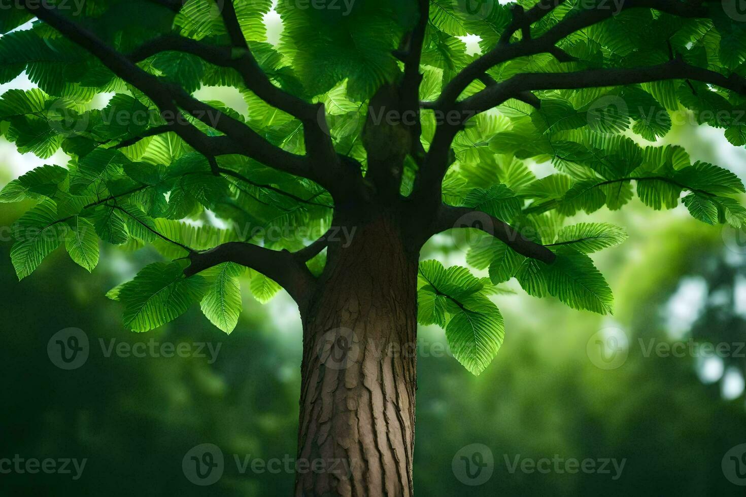 a tree with green leaves in the middle of a forest. AI-Generated photo